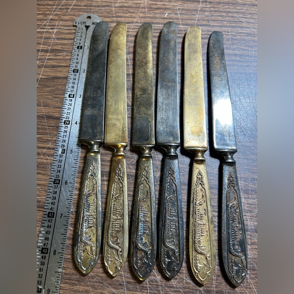 Vintage Brass Flatware Dragon Viking Ship Design Set of 6 Dinner Butter Knives